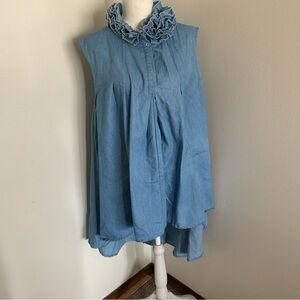 WoWo Blue Chambray Sleeveless High-Low Tunic Shirt Ruffle Collar XL